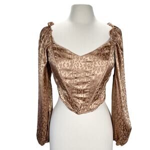 NWT MILK & HONEY‎ | Tan Satin Cheetah Print Ruffled Puffy Sleeve Corset Top